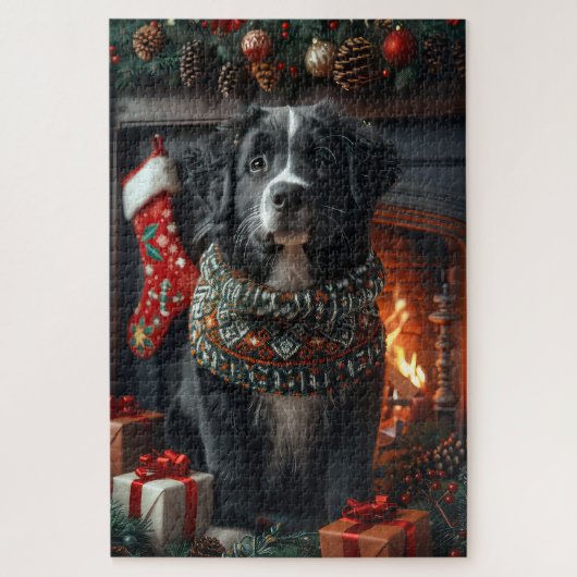 Newfoundland hond met kerstcadeaus open haard legpuzzel (Verticaal)
