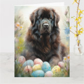 Newfoundland Hond met Paaseieren Vakantie Kaart (Gele Bloem)