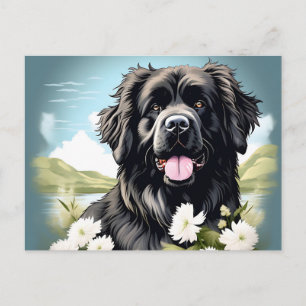 Newfoundland Hond met witte bloemen Briefkaart