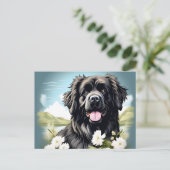 Newfoundland Hond met witte bloemen Briefkaart (Staand voorkant)