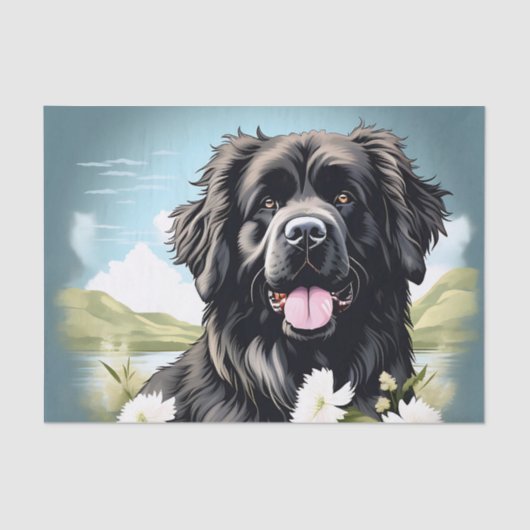 Newfoundland Hond met witte bloemen Tissuepapier (Voorkant)