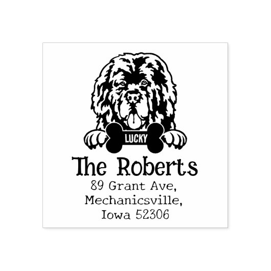 Newfoundland hond, retouradres, rubberstempel (Afrduk)