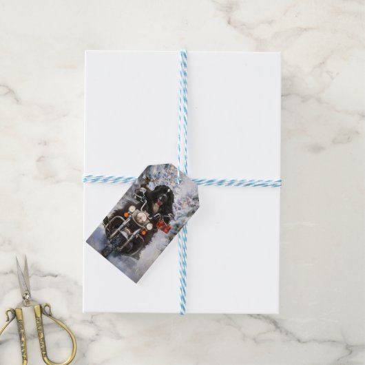 Newfoundland Hond Rijden Motorfiets Kerstmis Cadeaulabel (Met Touw)