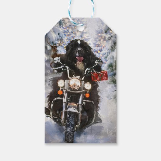 Newfoundland Hond Rijden Motorfiets Kerstmis Cadeaulabel (Voorkant)