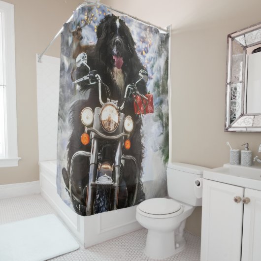 Newfoundland Hond Rijden Motorfiets Kerstmis Douchegordijn (In situ)