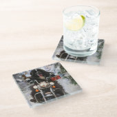 Newfoundland Hond Rijden Motorfiets Kerstmis Glazen Onderzetter (Schuin)