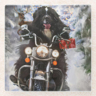 Newfoundland Hond Rijden Motorfiets Kerstmis Glazen Onderzetter