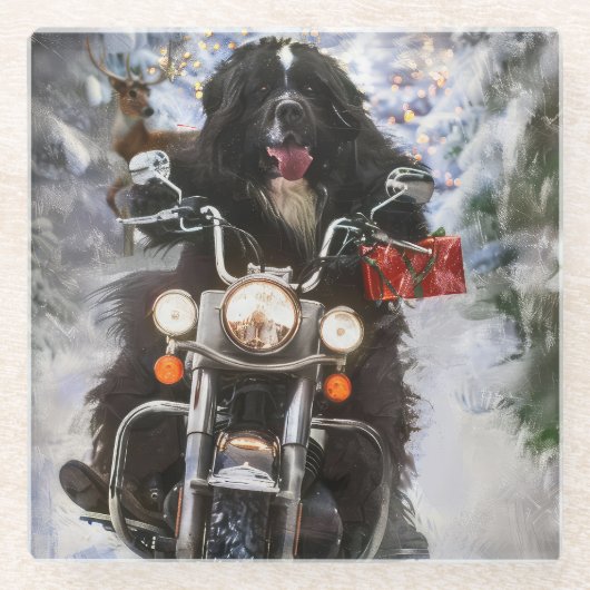 Newfoundland Hond Rijden Motorfiets Kerstmis Glazen Onderzetter (Voorkant)