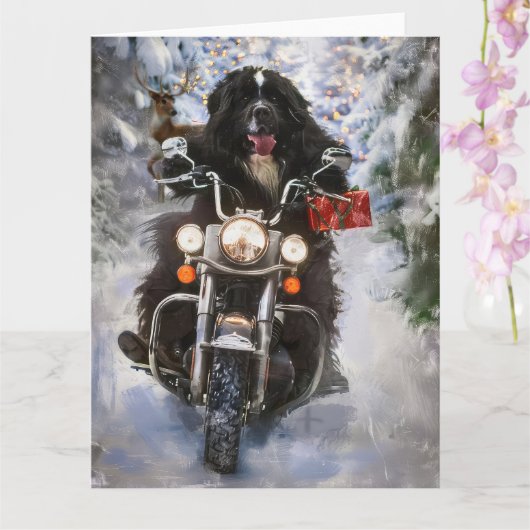 Newfoundland Hond Rijden Motorfiets Kerstmis Kaart (Orchidee)