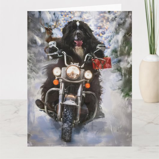 Newfoundland Hond Rijden Motorfiets Kerstmis Kaart (Voorkant)