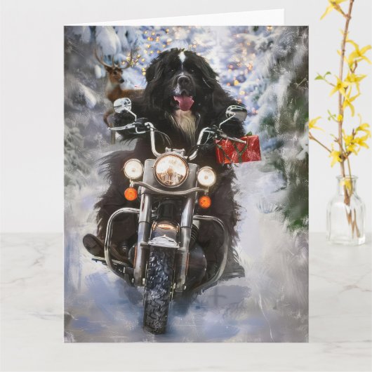 Newfoundland Hond Rijden Motorfiets Kerstmis Kaart (Gele Bloem)