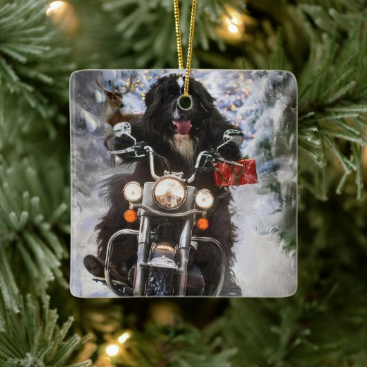 Newfoundland Hond Rijden Motorfiets Kerstmis Keramisch Ornament (Boom)