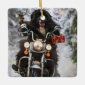 Newfoundland Hond Rijden Motorfiets Kerstmis Keramisch Ornament (Voorkant)