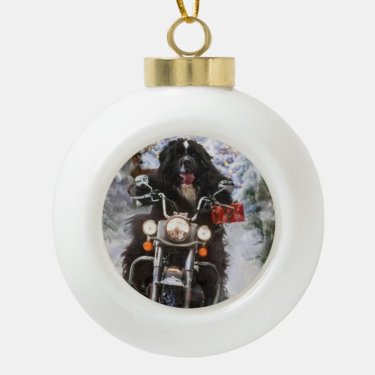 Newfoundland Hond Rijden Motorfiets Kerstmis Keramische Bal Ornament (Voorkant)