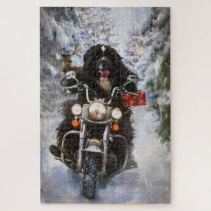 Newfoundland Hond Rijden Motorfiets Kerstmis Legpuzzel