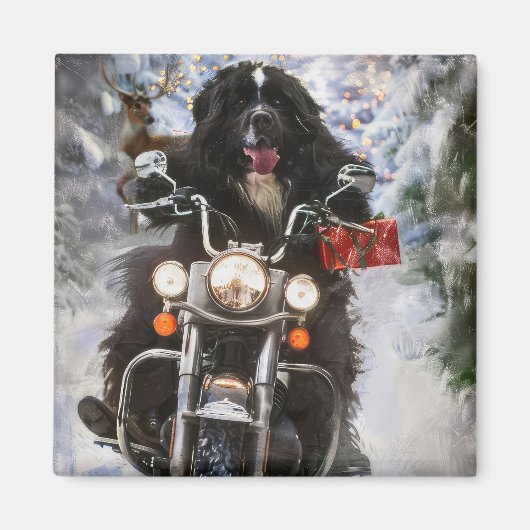 Newfoundland Hond Rijden Motorfiets Kerstmis Magneet (Voorkant)