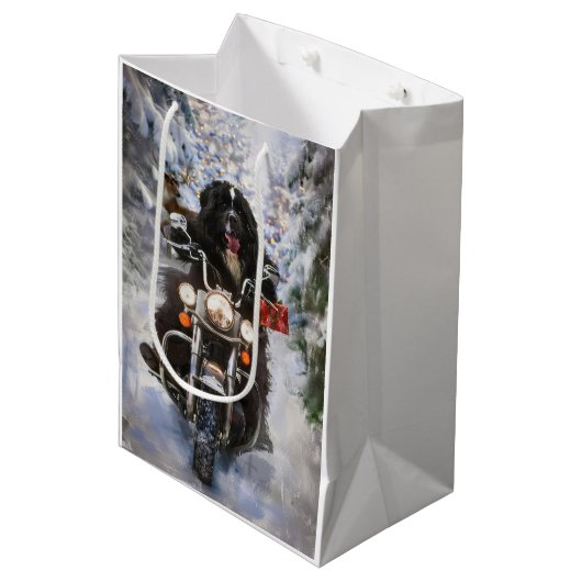 Newfoundland Hond Rijden Motorfiets Kerstmis Medium Cadeauzakje (Voorkant Gekanteld)