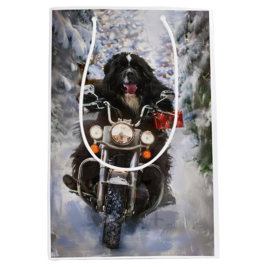 Newfoundland Hond Rijden Motorfiets Kerstmis Medium Cadeauzakje (Voorkant)