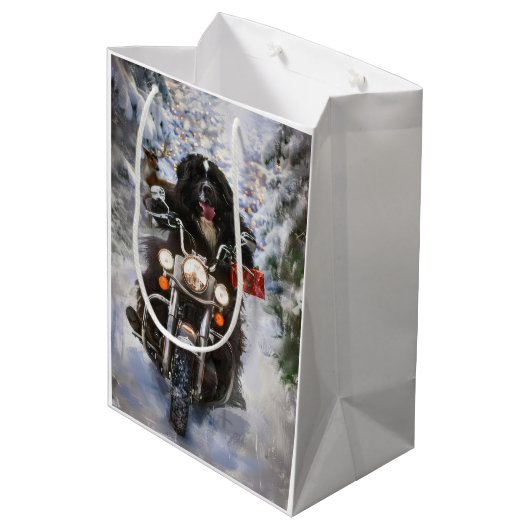 Newfoundland Hond Rijden Motorfiets Kerstmis Medium Cadeauzakje (Achterkant Gekanteld)