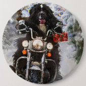 Newfoundland Hond Rijden Motorfiets Kerstmis Ronde Button 6,0 Cm (Voorkant)