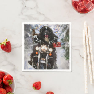 Newfoundland Hond Rijden Motorfiets Kerstmis Servet