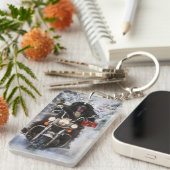 Newfoundland Hond Rijden Motorfiets Kerstmis Sleutelhanger (Voorkant Rechts)