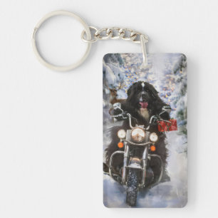 Newfoundland Hond Rijden Motorfiets Kerstmis Sleutelhanger