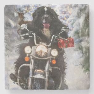 Newfoundland Hond Rijden Motorfiets Kerstmis Stenen Onderzetter