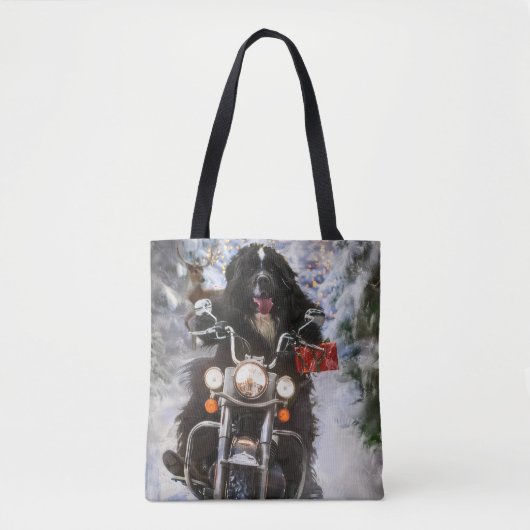 Newfoundland Hond Rijden Motorfiets Kerstmis Tote Bag (Voorkant)