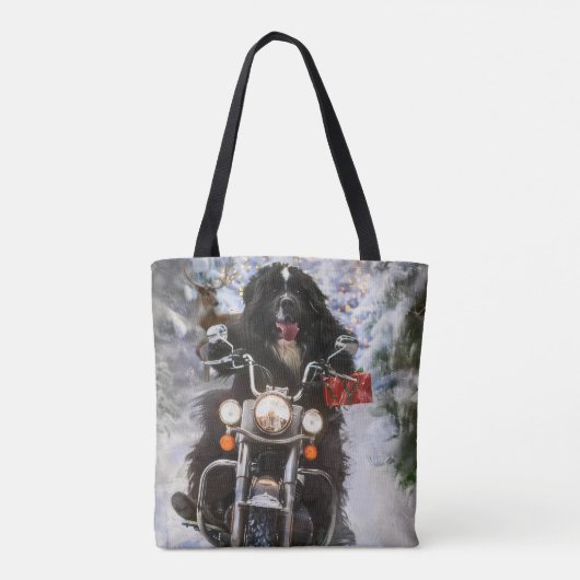 Newfoundland Hond Rijden Motorfiets Kerstmis Tote Bag (Achterkant)
