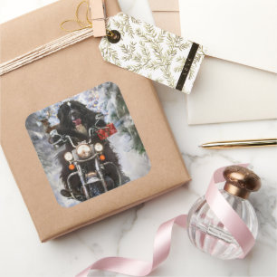 Newfoundland Hond Rijden Motorfiets Kerstmis Vierkante Sticker