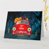 Newfoundland-hond rijdt auto griezelige Halloween Kaart (Gele Bloem)