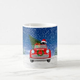 Newfoundland-hond rijdt auto in sneeuw met Kerstmi Koffiemok