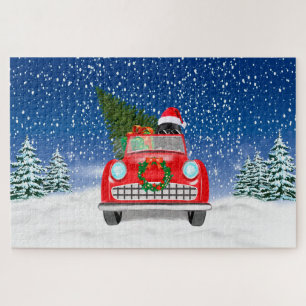 Newfoundland-hond rijdt auto in sneeuw met Kerstmi Legpuzzel