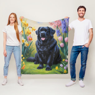 Newfoundland Hond Spring Bloemen Schilderen Fleece Deken