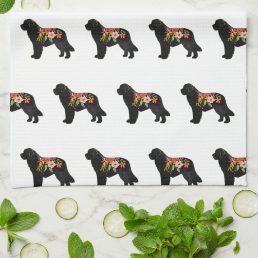 Newfoundland Hondenras Boho Floral Silhouette Theedoek (Gevouwen)