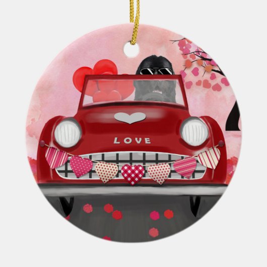 Newfoundland in auto met harten keramisch ornament (Voorkant)