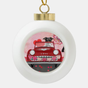 Newfoundland in auto met harten keramische bal ornament