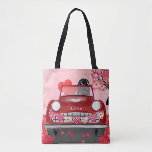 Newfoundland in auto met harten tote bag