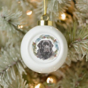 Newfoundland Kerstkrans Feestelijke Pup Keramische Bal Ornament