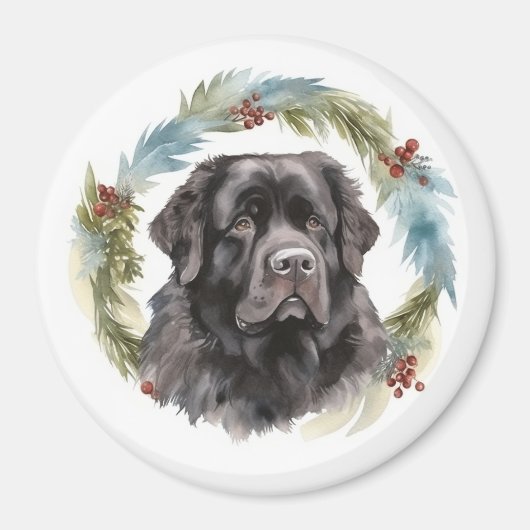 Newfoundland Kerstkrans Feestelijke Pup Magneet (Voorkant)