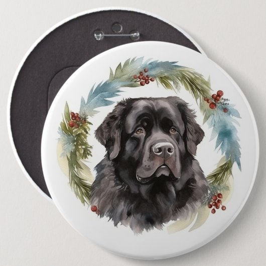 Newfoundland Kerstkrans Feestelijke Pup Ronde Button 6,0 Cm (Voorkant /achterkant)