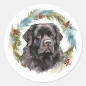 Newfoundland Kerstkrans Feestelijke Pup Ronde Sticker (Voorkant)