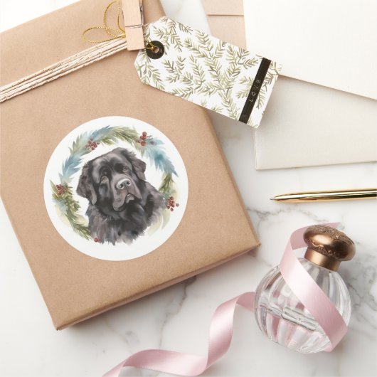 Newfoundland Kerstkrans Feestelijke Pup Ronde Sticker (Geschenken)