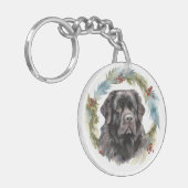 Newfoundland Kerstkrans Feestelijke Pup Sleutelhanger (Voorkant Links)