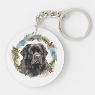 Newfoundland Kerstkrans Feestelijke Pup Sleutelhanger