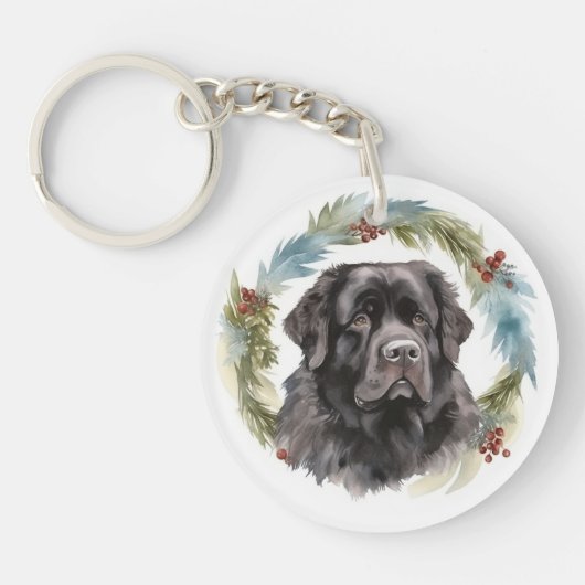Newfoundland Kerstkrans Feestelijke Pup Sleutelhanger (Voorkant)