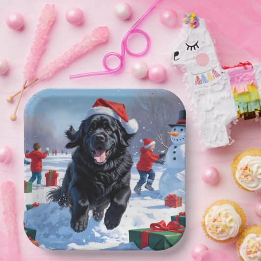 Newfoundland loopt in de sneeuw met kerst Pet Papieren Bordje (Feest)