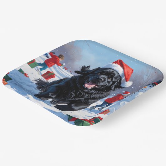 Newfoundland loopt in de sneeuw met kerst Pet Papieren Bordje (Gebogen)