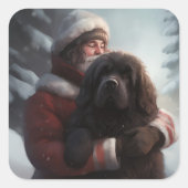 Newfoundland met Kerstman Festieve Kerstmis Vierkante Sticker (Voorkant)